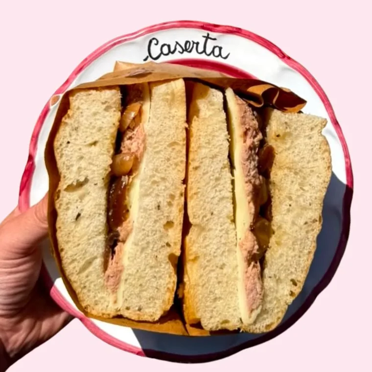 A tuna focaccia held up on a Caserta plate
