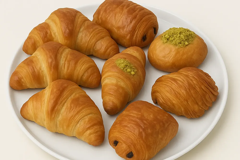 Cornetti, pain au chocolat and a sfogliatella on a white plate