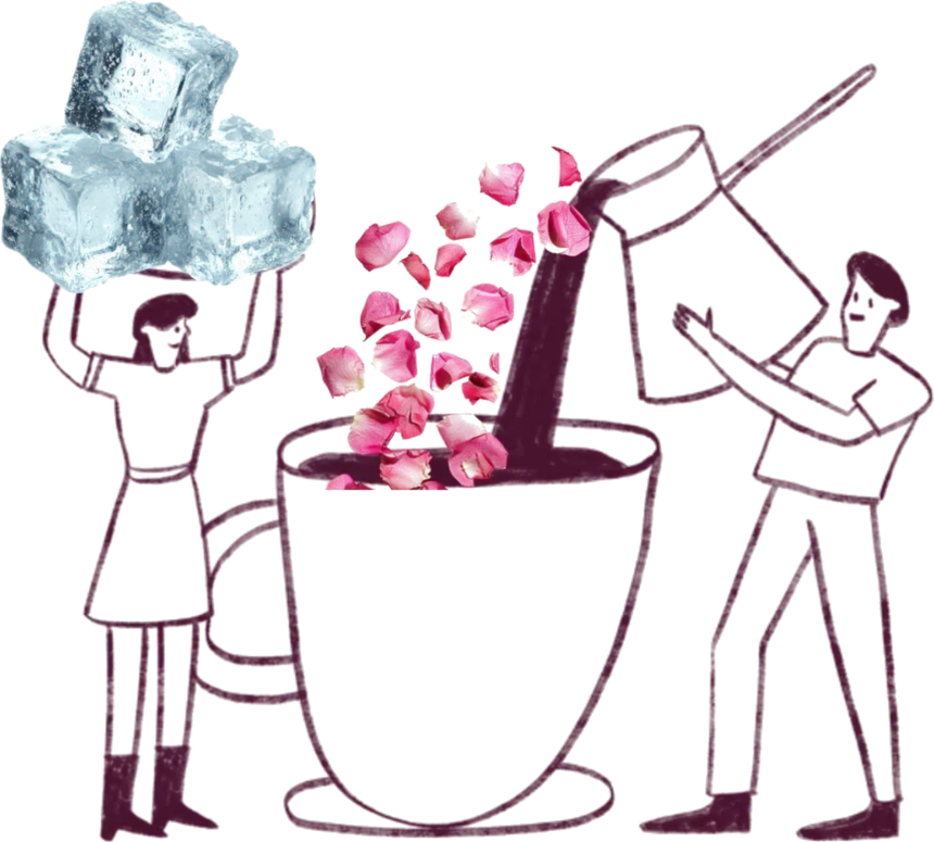 Drawing: one person carries ice cubes while another pours espresso into a giant cup, rose petals falling in
